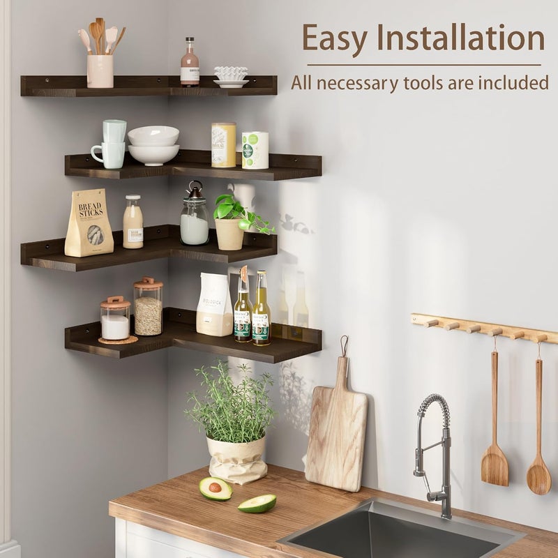 Eostbe Store Floating Corner Shelves Set of 4, Rustic Pine Wooden Floating Corner Wall Shelf for Wall Décor Storage, L Shaped Corner Shelf Wall Mount For Bedroom, Living Room, Bathroom, Kitchen, Dark Brown. - Image 3